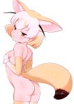  1girl :3 absurdres animal_ears ass blonde_hair blush breasts commentary covering covering_breasts elbow_gloves extra_ears fennec_(kemono_friends) fox_ears fox_tail from_side fur_trim gloves highres kemono_friends kemono_friends_2 kemono_friends_3 looking_at_viewer masuyama_ryou multicolored_hair nude orange_eyes short_hair skindentation small_breasts smile smug solo tail thighhighs white_hair 