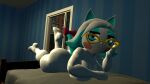  3d_(artwork) 3d_background accessory anthro ava_nightcap bed bedroom_eyes big_breasts big_butt black_eyes bow_ribbon breasts butt digital_media_(artwork) domestic_cat eyewear felid feline felis female furgonomics furniture glasses hair hi_res karen_(smg4) lying lying_on_bed mammal narrowed_eyes on_bed ribbons seductive smg4 solo tail tail_accessory tail_bow tail_ribbon white_body white_hair 