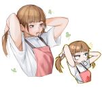  1girl apron armpit_peek arms_behind_head blunt_bangs brown_hair cropped_torso grey_eyes leaf long_hair mouth_hold multiple_views original outline pink_apron rinotuna shirt short_sleeves twintails upper_body white_shirt yellow_outline 