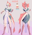  big_eyes breasts brown_eyes clothed clothing dress ear_fins female fin fish gem gesture gills hi_res marine mileva_(permaclot) model_sheet moss pearl_(gem) permaclot plant shaded solo spines standing tail teeth vesihiisi wrappings yellow_body 