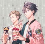  2boys bishounen cake cake_slice cookie cup cupcake disposable_cup food fruit hacco96 holding holding_cup ice_cream_cup jacket long_sleeves looking_at_viewer male_focus mouth_hold multiple_boys open_clothes open_jacket original shirt short_hair sprinkles strawberry tongue tongue_out upper_body utensil_in_mouth 