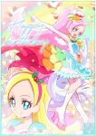  +_+ 1girl birthday blonde_hair colored_eyelashes commentary commentary_request cure_parfait dress food hair_ornament happy happy_birthday headband kamikita_futago kirahoshi_ciel kirakira_precure_a_la_mode looking_at_viewer outstretched_arm pink_hair precure sleeveless sleeveless_dress solo tail v wings 
