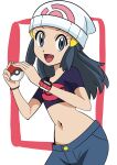  1girl :d alternate_costume beanie black_hair bracelet commentary_request cropped_shirt dawn_(pokemon) eyelashes grey_eyes hainchu hair_ornament hairclip happy hat highres holding holding_poke_ball jewelry long_hair looking_at_viewer midriff navel open_mouth poke_ball poke_ball_(basic) poke_ball_print pokemon pokemon_(anime) poketch purple_shirt shirt short_sleeves shorts sidelocks smile solo tongue watch white_headwear wristwatch 