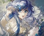  1girl absurdres arknights astgenne_(arknights) blue_eyes blue_flower blue_hair diamond-shaped_pupils diamond_(shape) floating_hair flower hand_up highres holding holding_flower long_hair long_sleeves looking_at_viewer open_mouth qianzhu shirt sketch symbol-shaped_pupils teeth upper_body upper_teeth_only white_shirt 