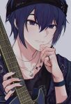  1boy absurdres blue_eyes blue_hair blue_nails commentary dark_blue_hair electric_guitar fingernails guitar hair_between_eyes hairband hands_up highres holding holding_instrument instrument jewelry kaito_(vocaloid) korean_commentary leo/need_(project_sekai) leo/need_kaito lomo_(81159) long_sleeves male_focus necklace official_alternate_costume project_sekai ring short_hair smile solo star_(symbol) tattoo teeth vocaloid 