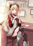  1girl :d admiral_hipper_(azur_lane) ahoge armband armpit_cutout azur_lane bar_stool black_thighhighs blonde_hair blush boots burger buttons choker clothing_cutout coffee_mug commentary_request counter cross cup double-breasted dress elbow_sleeve flat_chest food green_eyes grey_dress grey_footwear hair_between_eyes headgear highres holding holding_cup indoors iron_cross knee_boots long_hair looking_at_viewer mikuchi3939 mole mole_under_eye mug open_mouth panties pantyshot red_sleeves rudder_footwear shadow sidelocks sitting smile solo stool teeth thighhighs two_side_up underwear upper_teeth_only window 