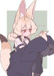  ... 1girl absurdres animal animal_ear_fluff animal_ears black_hoodie blonde_hair blush border closed_mouth commentary_request creature_and_personification double_bun fennec_fox film_grain fox_ears fox_girl fox_tail green_background grey_sailor_collar hair_bun highres holding holding_animal hood hood_down hoodie long_sleeves looking_at_animal medium_hair megateru multiple_sources open_clothes open_hoodie original outside_border red_eyes sailor_collar school_uniform serafuku shirt short_sleeves sidelocks simple_background sleeves_past_fingers sleeves_past_wrists tail white_border white_shirt 
