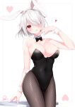  1girl :q animal_ears asymmetrical_bangs bare_shoulders black_bow black_bowtie black_leotard black_pantyhose blush bow bowtie breasts cleavage contrapposto covered_navel detached_collar fishnet_pantyhose fishnets grey_hair groin hair_over_one_eye highleg highleg_leotard highres large_breasts leotard licking_lips long_bangs looking_at_viewer nagura_shiro narrow_waist original pantyhose playboy_bunny rabbit_ears rabbit_tail red_eyes short_hair solo strapless strapless_leotard tail tongue tongue_out wide_hips wrist_cuffs 