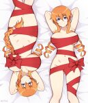  2girls absurdres areola_slip armpits arms_behind_head arms_up artist_name ass_visible_through_thighs bed_sheet bound bow braid braided_ponytail breasts breasts_apart closed_mouth commentary dakimakura_(medium) date_a_live drill_hair english_commentary eyelashes feet_out_of_frame from_above grey_eyes hair_between_eyes highres huge_breasts knees_together_feet_apart large_areolae legs long_hair looking_at_viewer lying multiple_girls naked_ribbon navel notka nude on_back red_bow red_ribbon ribbon ribbon_bondage shadow short_hair_with_long_locks sidelocks smile twin_drills yamai_kaguya yamai_yuzuru 