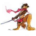  1:1 anthro avian balls beak brown_body brown_hair brown_penis claws ejaculation flaccid genitals hair hi_res holding_object holding_sword holding_weapon leg_markings male markings melee_weapon mouth_closed oselotti penis red_scarf scarf signature simple_background socks_(marking) solo standing sword tan_balls tan_body weapon white_background wide_stance 