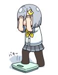  bathroom_scale black_pantyhose commentary_request grey_hair grey_sailor_collar grey_skirt hair_ornament hair_over_one_eye hairclip hama!_(3toshinhmkz) hamakaze_(kancolle) kantai_collection neckerchief no_nose pantyhose pleated_skirt sailor_collar school_uniform serafuku short_hair simple_background skirt weighing weighing_scale white_background yellow_neckerchief 