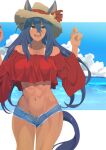  1girl abs absurdres alternate_costume animal_ears arms_up bare_shoulders black_hair blue_sky border cloud cloudy_sky commentary_request cowboy_shot dark-skinned_female dark_skin denim denim_shorts ear_ornament fang hair_ornament hat highres hishi_amazon_(umamusume) horse_ears horse_girl horse_tail kumabachi315 long_hair long_sleeves muscular muscular_female navel ocean off-shoulder_shirt off_shoulder open_mouth outdoors red_eyes red_shirt shirt shorts skin_fang sky smile solo straw_hat tail umamusume very_long_hair water white_border 