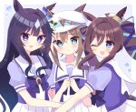  3girls :d ;d animal_ears black_hair blue_eyes blue_ribbon blush bow bowtie brown_hair cheval_grand_(umamusume) commentary ear_covers hair_between_eyes hair_ribbon hat highres horse_ears horse_girl horseshoe_ornament long_hair looking_at_viewer mole mole_under_eye multicolored_hair multiple_girls nameko_(aa_04) one_eye_closed peaked_cap pleated_skirt puffy_short_sleeves puffy_sleeves purple_bow purple_bowtie purple_serafuku purple_shirt ribbon sailor_collar sailor_hat sailor_shirt school_uniform serafuku shirt short_hair short_sleeves siblings single_ear_cover sisters skirt smile streaked_hair tracen_school_uniform twintails two-tone_hair umamusume verxina_(umamusume) vivlos_(umamusume) white_hair white_headwear white_skirt 