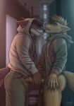  anthro balls bottomless bottomwear canid canine clothed clothing duo erection genitals glans handjob hood_up hoodie humanoid_genitalia humanoid_penis male male/male mammal pants penile penis sex topwear vulprofox 