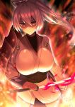  1girl black_sash breasts fate/grand_order fate_(series) fire flaming_sword flaming_weapon holding holding_sword holding_weapon large_breasts lee-taro long_hair looking_at_viewer sash sword tomoe_gozen_(fate) weapon white_hair 
