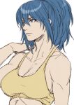 1girl bare_shoulders blue_eyes blue_hair breasts closed_mouth collarbone leona_heidern muscular muscular_female ponytail simple_background sketch sleeveless solo tank_top the_king_of_fighters the_king_of_fighters_xv white_background yasunososaku yellow_tank_top 