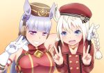  2girls animal_ear_fluff animal_ears arm_around_neck arm_up armpits blonde_hair blue_eyes blunt_bangs bow bowtie braid commentary_request crossover double_v ear_bow ear_covers eyelashes gold_ship_(umamusume) gradient_background grin hair_lift hand_up hands_up hat highres holding holding_another&#039;s_hair horizontal_pupils horse_ears kemono_friends long_hair long_sleeves looking_at_viewer low-tied_long_hair multiple_girls official_alternate_costume open_mouth parted_bangs pillbox_hat pink_eyes purple_hair sailor_collar sailor_shirt sasuke10g shirt side-by-side sleeveless smile species_connection twin_braids umamusume upper_body v v-shaped_eyebrows very_long_hair white_thoroughbred_(kemono_friends) 