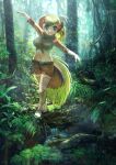  1girl :d arm_up belt bird_girl bird_tail bird_wings blonde_hair breasts brown_shorts day forest fuji_takanasu greater_bird-of-paradise_(kemono_friends) green_hair head_wings highres kemono_friends long_hair looking_at_viewer midriff multicolored_hair nature navel open_mouth outdoors outstretched_arms outstretched_hand scenery shirt shoes short_shorts shorts smile solo spread_arms stomach swept_bangs tail thighhighs tied_shirt tree walking water white_hair white_thighhighs wings yellow_eyes 