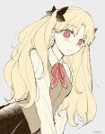 1girl alternate_costume azumi_(myameco) black_ribbon black_skirt blonde_hair blush brown_vest closed_mouth collared_shirt commentary_request earrings ereshkigal_(fate) fate/grand_order fate/stay_night fate_(series) hair_ribbon homurahara_academy_school_uniform jewelry long_hair long_sleeves neck_ribbon parted_bangs red_eyes red_ribbon ribbon school_uniform shirt simple_background skirt solo two_side_up uniform vest white_shirt 