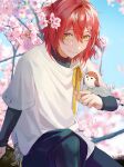  1boy baggy_clothes bird bird_on_hand black_leggings black_shorts blue_sky cherry_blossoms geolu hair_between_eyes hair_ornament hairpin hanasaki_miyabi highres holostars kyomu_suzume leggings looking_at_viewer male_focus red_hair short_hair shorts sitting sky smile solo tree virtual_youtuber yellow_eyes 