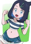  1girl :d absurdres aqua_eyes black_hair blush clenched_hands cropped_shirt eyelashes green_background hainchu hair_ornament hairclip hands_up happy highres liko_(pokemon) looking_at_viewer navel open_mouth pokemon pokemon_(anime) pokemon_horizons shirt short_sleeves shorts smile solo striped striped_shirt tongue w_arms 