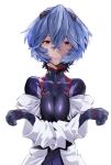  1girl ayanami_rei black_bodysuit blue_hair bodysuit breasts cleavage highres interface_headset looking_at_viewer medium_breasts neon_genesis_evangelion plugsuit red_eyes short_hair skin_tight yagisawa_teru 