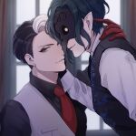  2boys black_hair black_vest dire_crowley divus_crewel earrings eyeshadow gloves grey_eyes hand_on_another&#039;s_cheek hand_on_another&#039;s_face highres indoors jewelry makeup mask minatoya_mozuku multiple_boys necktie pointy_ears red_gloves red_necktie smile stud_earrings twisted_wonderland two-tone_vest upper_body vest white_hair yellow_eyes 