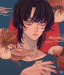  1boy bishounen black_hair blue_background blue_shirt brown_eyes closed_mouth highres kagoya1219 looking_at_viewer male_focus medium_hair nautilus_(animal) original own_hands_together red_background red_nails shirt signature slit_pupils solo upper_body 
