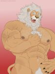  abs anthro arm_tattoo biceps blue_eyes body_hair claws clay_calloway_(sing) felid feline flexing fur grey_body grey_fur hi_res illumination_entertainment jabuhusky lion looking_at_viewer male mammal mane muscular muscular_anthro muscular_male nipple_piercing nipples open_mouth pantherine pecs piercing simple_background sing_(movie) solo tattoo teeth tuft vein veiny_muscles 
