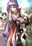  1girl armor child fire_emblem fire_emblem:_genealogy_of_the_holy_war flower hair_flower hair_ornament highres ishtar_(fire_emblem) ishtar_(fire_emblem)_(echoing_thunder) jewelry long_hair necklace pauldrons purple_eyes purple_hair shoulder_armor stuffed_animal stuffed_toy yuki_cryp_a 