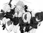  4girls aru_(blue_archive) blue_archive closed_eyes flying_sweatdrops garrison_cap greyscale gun halo haruka_(blue_archive) hat highres holding holding_gun holding_weapon hood hoodie horns jacket kayoko_(blue_archive) long_hair long_sleeves monochrome multicolored_hair multiple_girls mutsuki_(blue_archive) neck_ribbon open_mouth pencil_skirt ponytail problem_solver_68_(blue_archive) ribbon side_ponytail simple_background sitting sketch skirt weapon yu1619khz 