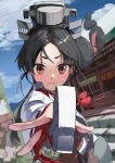  1girl black_hair blue_sky brown_eyes cloud commentary_request day foreshortening hair_tie high_ponytail highres japanese_clothes kantai_collection long_hair miko multi-tied_hair nisshin_(kancolle) outdoors red_ribbon ribbon sannsogyoraikai short_eyebrows shrine sky smile solo thick_eyebrows very_long_hair wide_sleeves 