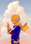  1boy absurdres all_might arm_at_side bakugou_katsuki belt blonde_hair blue_sky boku_no_hero_academia card character_hood closed_mouth cloud cloudy_sky coaco_rami commentary_request cumulonimbus_cloud eyes_visible_through_hair floating_clothes floating_hair from_side gradient_sky grey_sky hand_up highres holding holding_card hood hood_down korean_commentary long_sleeves male_focus onesie orange_sky profile red_eyes short_hair sky sky_background solo spiked_hair spoilers trading_card twitter_username upper_body wind 