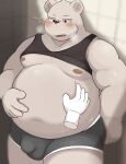  2023 ai_only_dream anthro balls_outline bear belly big_belly blush bulge clothed clothing genital_outline hi_res kemono male mammal moobs navel nipples overweight overweight_male penis_outline polar_bear raised_clothing raised_shirt raised_topwear shirt solo_focus topwear underwear ursine 