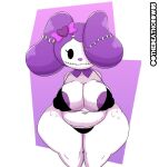  accessory belly big_breasts black_eyes bodily_fluids bow_ribbon bra breasts clothing female genitals hair_accessory hair_bow hair_ribbon hi_res lagomorph leporid mammal navel nipples purple_nipples pussy rabbit ribbons solo sweat thedeathcrow05 thick_thighs thong underwear white_body 