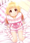  1girl bed blonde_hair brown_eyes full_body gomasho_asuka highres indoors kneehighs long_sleeves on_bed original pillow pink_shirt pom_pom_(clothes) shirt sitting smile socks solo striped striped_shirt striped_socks 