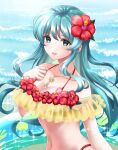  1girl aqua_eyes aqua_hair bikini fire_emblem fire_emblem:_the_sacred_stones fire_emblem_heroes flower frilled_bikini frills hair_flower hair_ornament hibiscus highres jewelry kakiko210 long_hair looking_at_viewer navel official_alternate_costume open_mouth pendant smile solo swimsuit upper_body yellow_bikini 