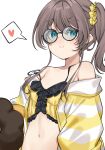  1girl bare_shoulders blue_eyes blush breasts brown_hair camisole closed_mouth collarbone commentary erubusubori frilled_camisole frills glasses heart highres hololive jacket long_sleeves looking_at_viewer medium_hair natsuiro_matsuri natsuiro_matsuri_(matsuri&#039;s_day_off) navel official_alternate_costume round_eyewear scrunchie side_ponytail simple_background small_breasts smile solo speech_bubble spoken_heart strap_slip striped striped_jacket upper_body variant_set virtual_youtuber white_background white_jacket yellow_camisole yellow_jacket yellow_scrunchie 