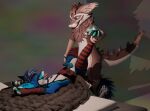  anthro arm_warmers armwear bottomwear canid canine clothing duo endoras freakhound fur hi_res jasper_ferret knot leg_warmers legwear male male/male mammal paws rexouium skirt tail tongue upskirt 