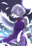  1girl absurdres angel_wings bow bowtie closed_mouth commentary dress feathered_wings feathers frown full_moon grey_hair highres jacket kishin_sagume long_sleeves looking_at_viewer moon purple_dress red_bow red_bowtie red_eyes rinkaito1231 short_hair single_wing solo touhou white_feathers white_wings wings 