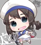  1girl adapted_turret black_hair blue_sailor_collar cannon character_name chibi daitou_(kancolle) depth_charge dress grey_eyes hat highres kantai_collection kuroneko_(kuroneko_works) low_ponytail rigging sailor_collar sailor_dress sailor_hat short_hair short_ponytail short_sleeves sidelocks solo white_dress white_headwear 