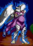 anthro belly big_breasts blue_eyes breasts clothing danellz digital_media_(artwork) dress feathered_wings feathers felid female footwear fur hi_res magic mammal open_mouth pantherine pregnant sandals solo striped_body striped_fur stripes talbona tiger white_body white_fur wings 