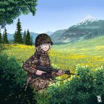  1girl absurdres austria battle_rifle blonde_hair blue_eyes camouflage camouflage_jacket camouflage_pants entrenching_tool fn_fal forest gun helmet highres holding holding_gun holding_weapon jacket load_bearing_equipment meadow military military_helmet military_uniform mountainous_horizon nature one_knee original ostwindprojekt outdoors pants rifle scenery signature sky sling_(weapon) trigger_discipline uniform weapon 