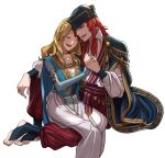  1boy 1girl absurdres arm_around_back blonde_hair blue_dress breasts cleavage closed_eyes couple dress ebinku fire_emblem fire_emblem:_the_sacred_stones hetero highres holding_hands jewelry joshua_(fire_emblem) long_hair natasha_(fire_emblem) red_hair ring sitting sitting_on_lap sitting_on_person wedding_ring 