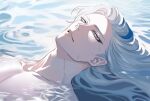  1boy afloat blue_eyeliner collarbone english_commentary genshin_impact highres long_hair male_focus merururuu multicolored_hair neuvillette_(genshin_impact) nude parted_lips solo streaked_hair topless_male upper_body wet wet_hair white_hair 