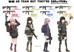  4girls aged_down ar-15 assault_rifle car-15 dgkamikaze english_text girls&#039;_frontline gun highres holding holding_gun holding_weapon m16a1_(girls&#039;_frontline) m4_carbine m4_sopmod_ii_(girls&#039;_frontline) m4a1_(girls&#039;_frontline) mk_18_carbine mug_root_beer multiple_girls rifle st_ar-15_(girls&#039;_frontline) twitter_username weapon white_background 