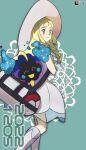  1girl bag blonde_hair blue_background blush_stickers cosmog dress green_eyes hat highres lillie_(pokemon) open_mouth poke_ball_print pokemon pokemon_(creature) pokemon_(game) pokemon_sm smile sun_hat watermark white_dress white_footwear white_headwear yadoki 