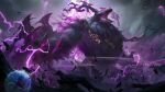  1girl antlers branch claws extra_eyes giant glowing glowing_eyes highres league_of_legends legends_of_runeterra lightning monster nilah_(league_of_legends) official_art outdoors pink_eyes red_eyes sharp_teeth shield skull solo_focus storm teeth the_thousand-pierced_bear tree volibear 