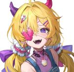  1girl blonde_hair blush broken_heart_print cupcake eyepatch fangs food hair_ornament hairpin highres horns jewelry lerome looking_at_viewer makeup mascara necklace open_mouth original overalls purple_eyes ribbon smile solo strap twintails 
