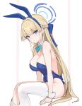  1girl alracoco animal_ears blonde_hair blue_archive blue_eyes blue_leotard braid breasts detached_collar fake_animal_ears french_braid halo highres large_breasts leotard long_hair looking_at_viewer official_alternate_costume playboy_bunny rabbit_ears sitting solo strapless strapless_leotard thighhighs toki_(blue_archive) toki_(bunny)_(blue_archive) very_long_hair wrist_cuffs 